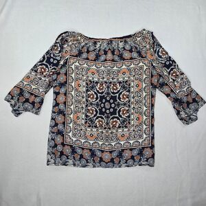 New Directions Petite large Floral Print Top Bell Sleeve Blue Orange Blouse boho